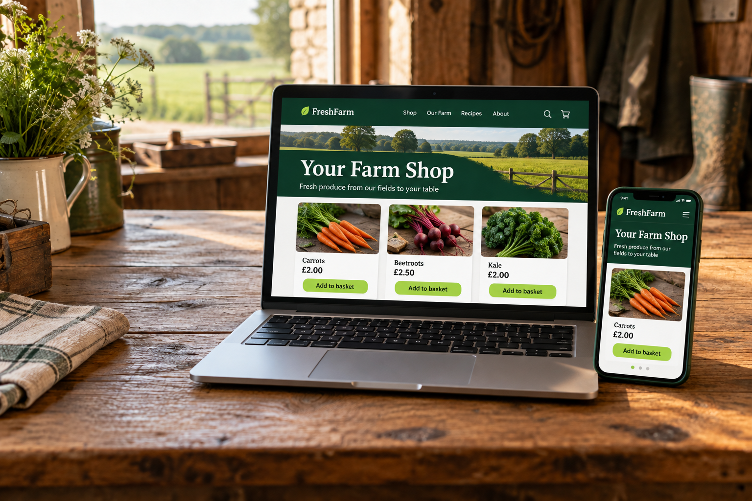 A laptop and mobile phone sitting on a rustic farm desk, both displaying a FreshFarm page headed Your Farm Shop